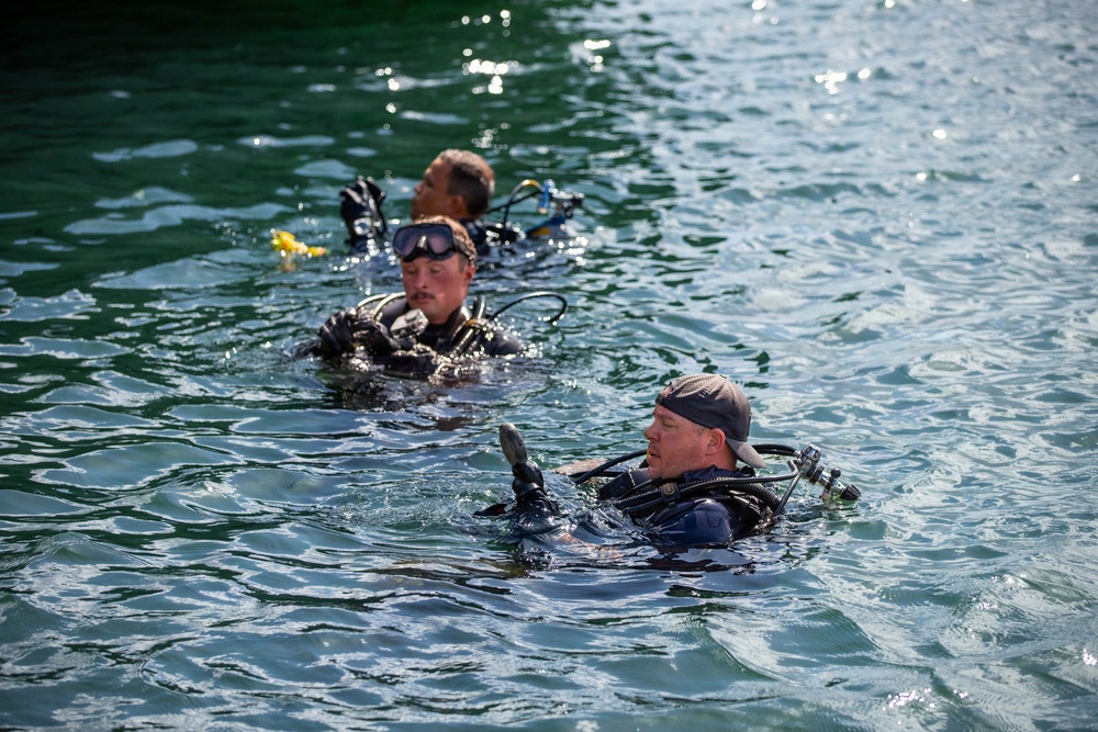 U.S. Navy and Panamanian services dive together during a Salvage Exercise