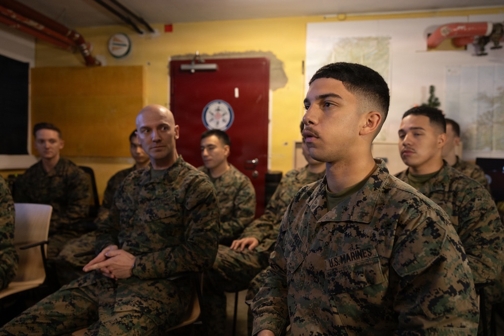 Secretary of War speaks with U.S. Marines, Sailors deployed to Europe