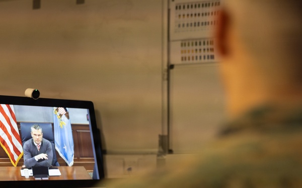 Secretary of War speaks with U.S. Marines, Sailors deployed to Europe