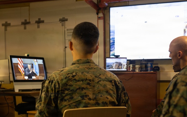 Secretary of War speaks with U.S. Marines, Sailors deployed to Europe