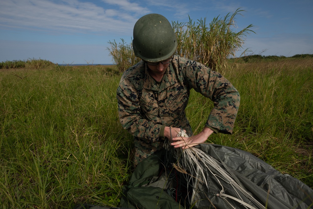 3rd Landing Support Battalion Marines Conduct Airborne and Air Delivery Training on Ie Shima, Okinawa