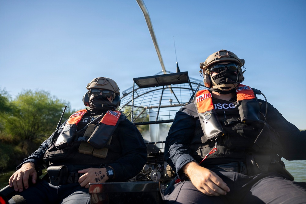 Coast Guard members conduct Rio Grande patrol using airboats