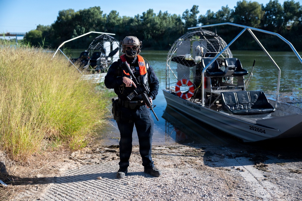Coast Guard members conduct Rio Grande patrol using airboats