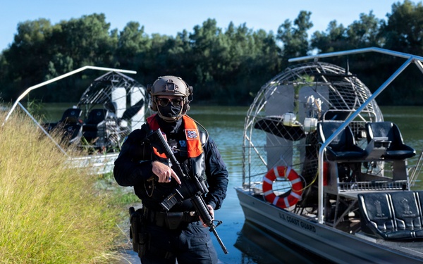 Coast Guard members conduct Rio Grande patrol using airboats