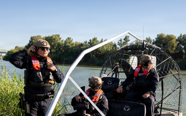 Coast Guard members conduct Rio Grande patrol using airboats