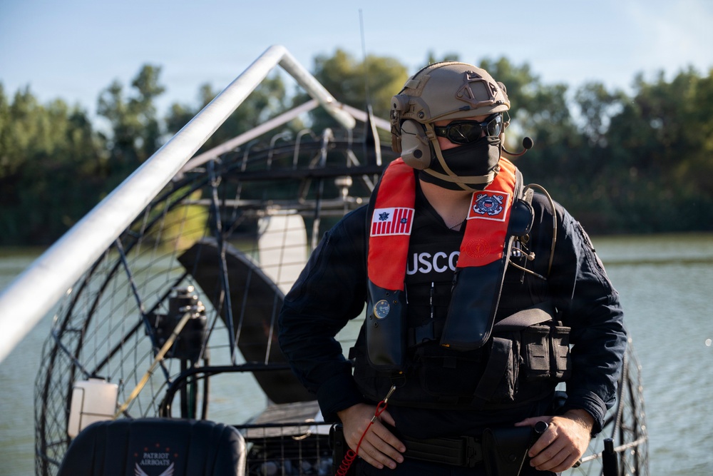 Coast Guard members conduct Rio Grande patrol using airboats