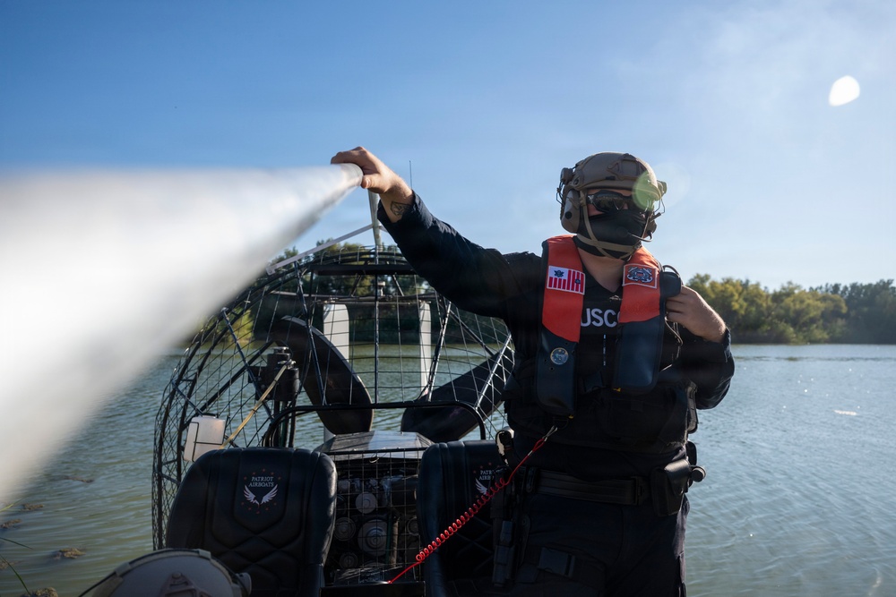 Coast Guard members conduct Rio Grande patrol using airboats