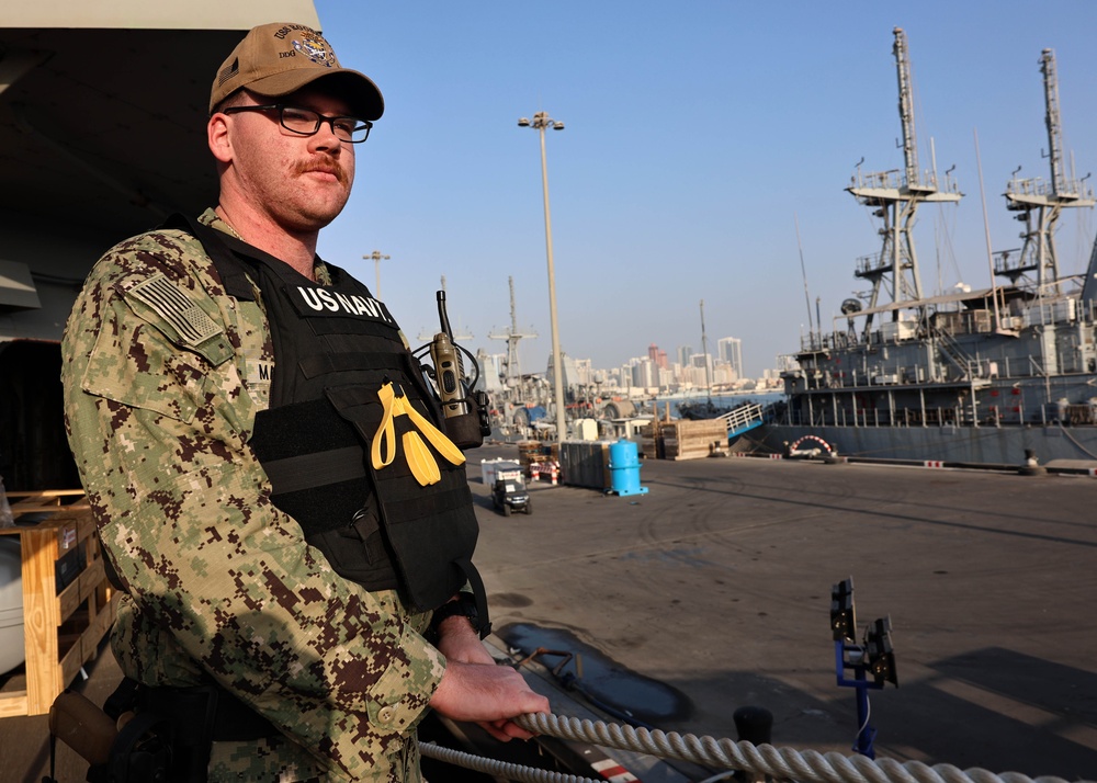 USS Roosevelt (DDG 80) Sailor Stands Watch in Manama, Bahrain