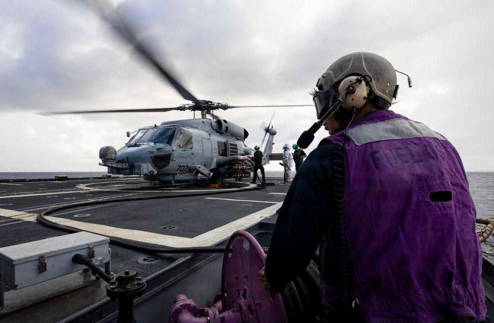 U.S. Sailors Refuel an MH-60R Sea Hawk Helicopter