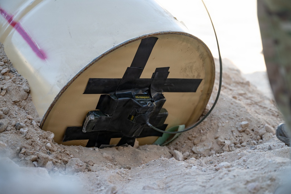 379 ECES EOD team practices controlled detonation procedure for base defense
