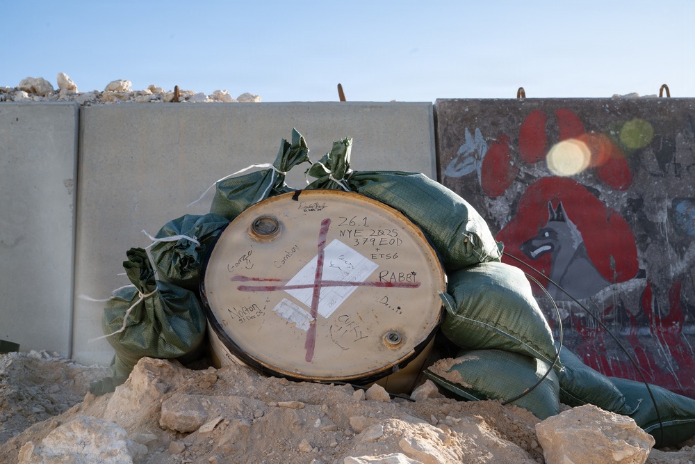 379 ECES EOD team practices controlled detonation procedure for base defense