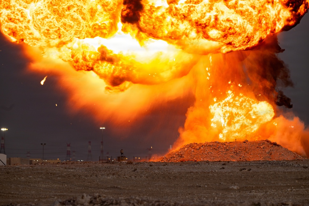 379 ECES EOD team practices controlled detonation procedure for base defense