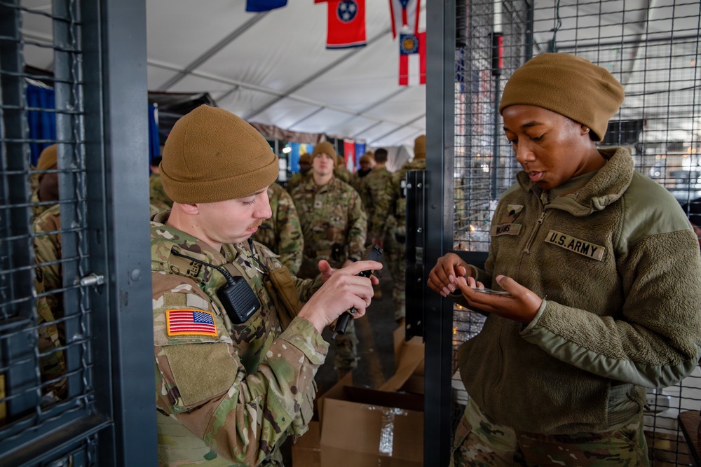 Mississippi National Guard service members prepare to go on patrol in Washington, D.C.