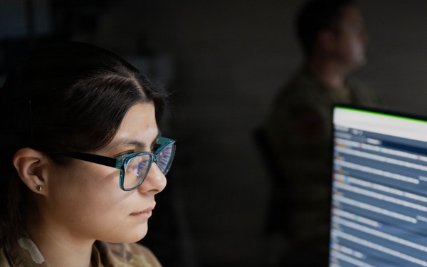 Space Force Guardian assigned to Space Delta 5 monitors a computer workstation.
