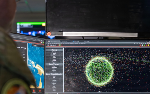 A U.S. Space Force Guardian assigned to Space Delta 5 monitors a computer workstation.