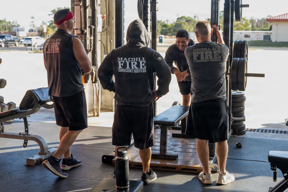 The 6th Civil Engineer Squadron Fire and Emergency Services flight physical training