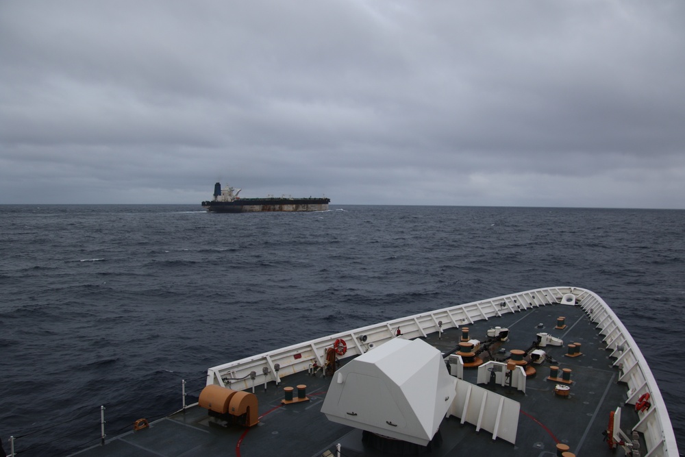 Coast Guard Cutter Munro monitors oil tanker Bella 1 in North Atlantic Ocean