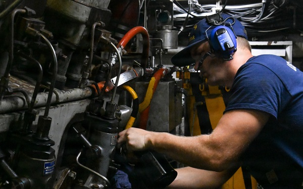 USCGC Polar Star (WAGB 10) main propulsion crew members conduct maintenance during Operation Deep Freeze 2026