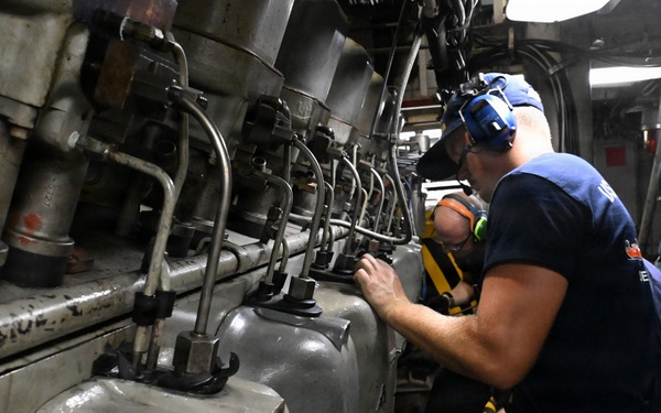 USCGC Polar Star (WAGB 10) main propulsion crew members conduct maintenance during Operation Deep Freeze 2026