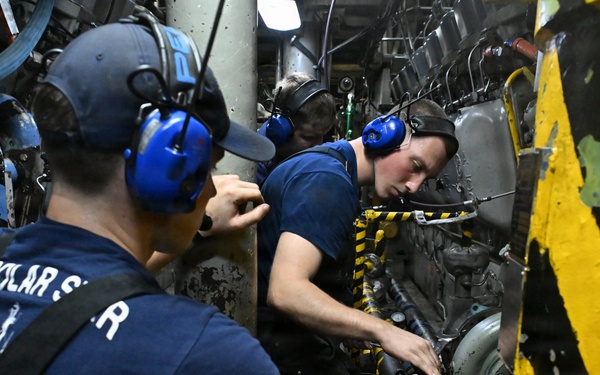 USCGC Polar Star (WAGB 10) main propulsion crew members conduct maintenance during Operation Deep Freeze 2026