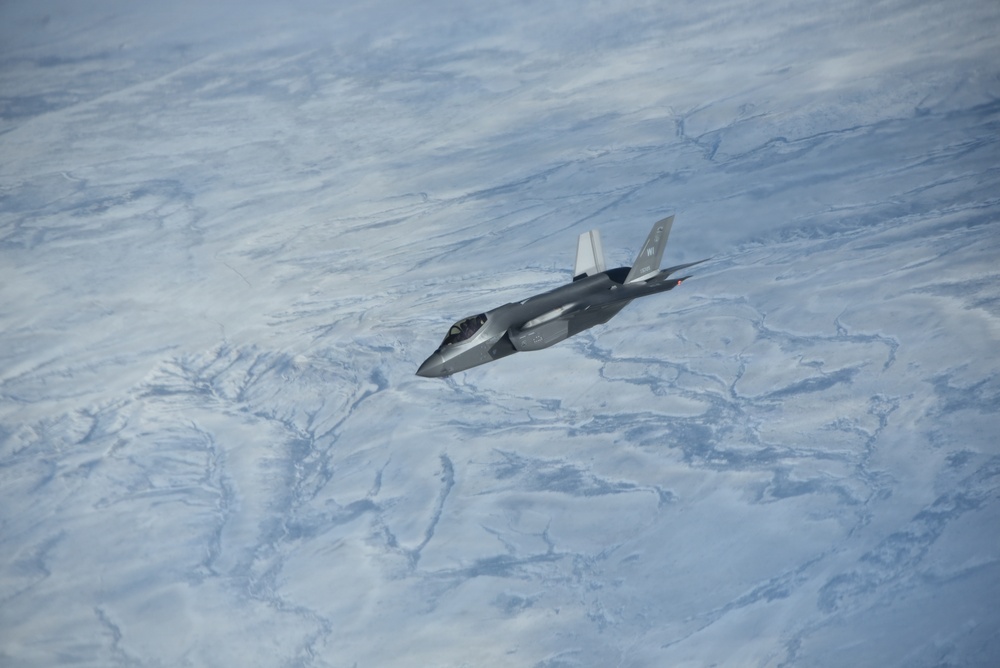 F-35A Lightning II departs after receiving mid-air refueling