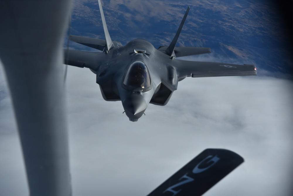 F-35A Lightning II prepares to receive mid-air refueling