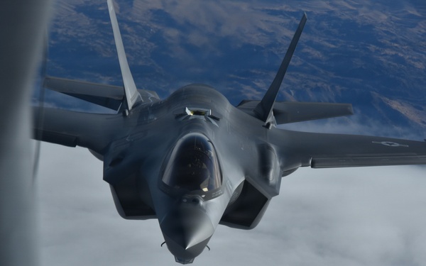 F-35A Lightning II prepares to receive mid-air refueling