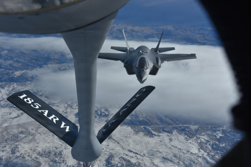 F-35A Lightning II prepares to receive fuel from KC-135 Stratotanker