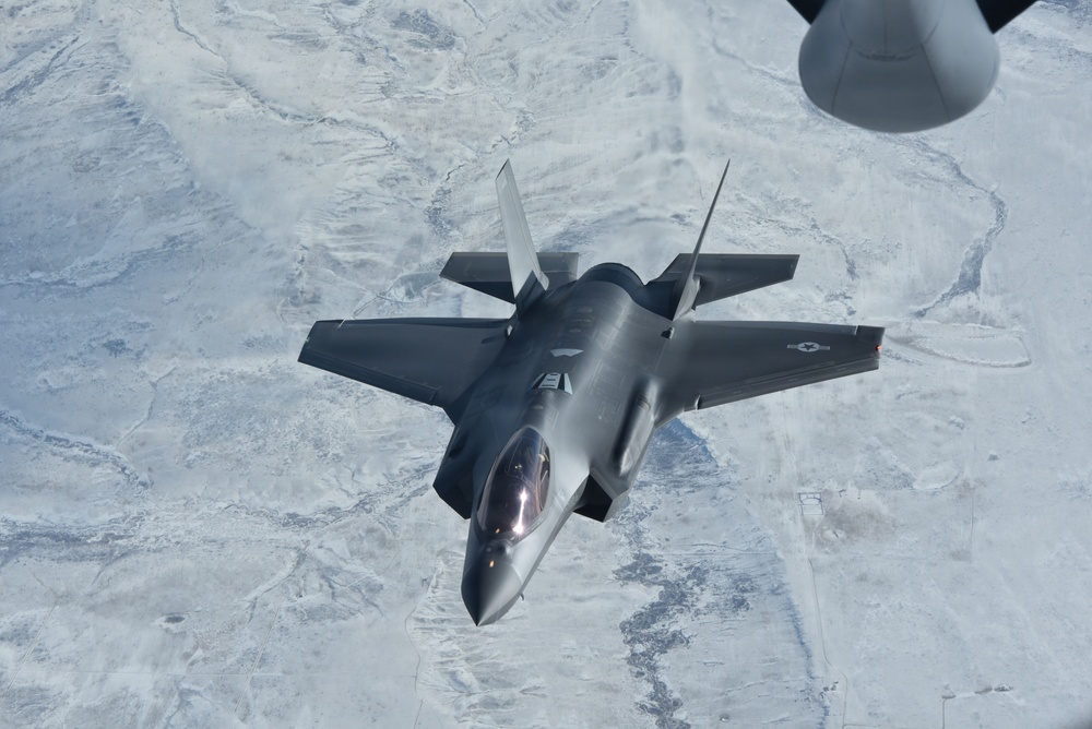 F-35A Lightning II departs after receiving mid-air refuel