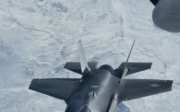 F-35A Lightning II departs after receiving mid-air refuel