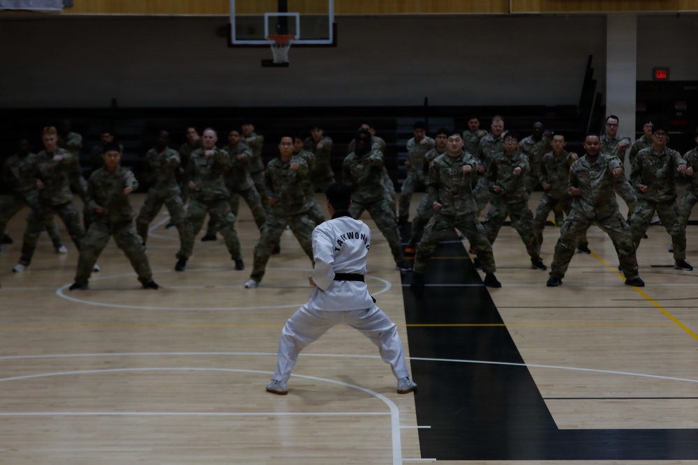 1st Signal Brigade soldiers take a Taekwondo yellow belt promotion test