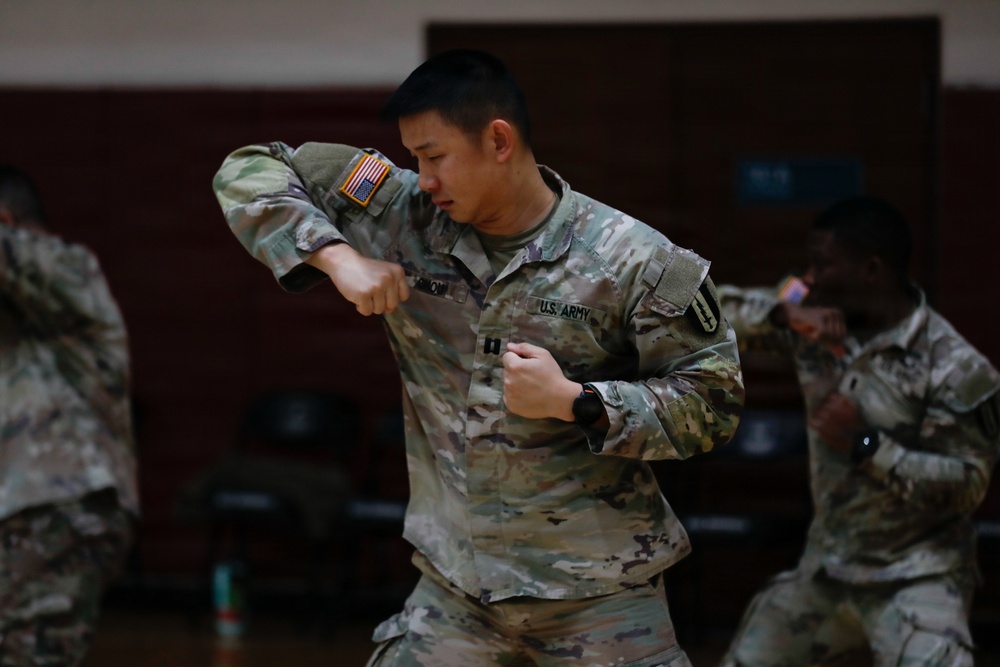1st Signal Brigade soldiers take a Taekwondo yellow belt promotion test