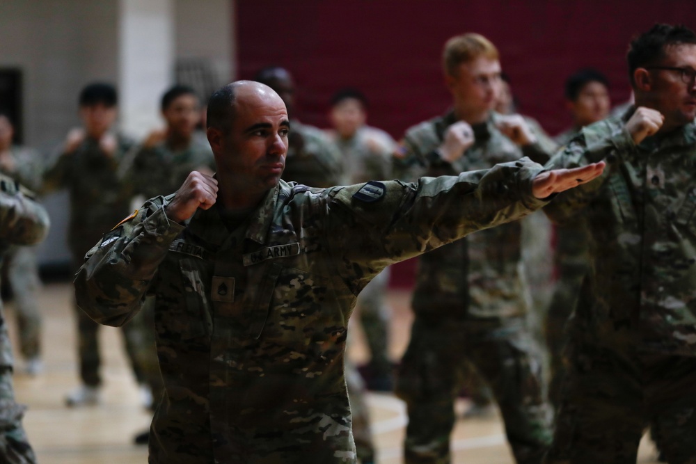 1st Signal Brigade soldiers take a Taekwondo yellow belt promotion test
