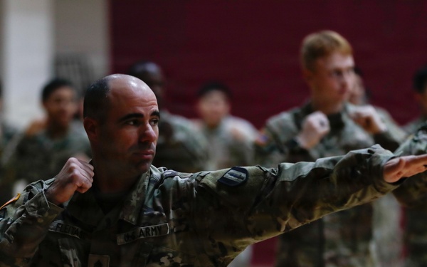 1st Signal Brigade soldiers take a Taekwondo yellow belt promotion test