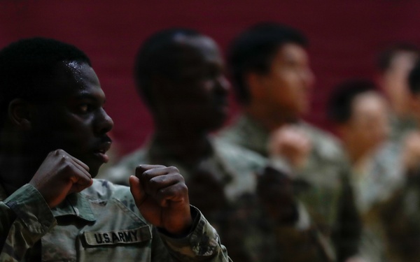 1st Signal Brigade soldiers take a Taekwondo yellow belt promotion test