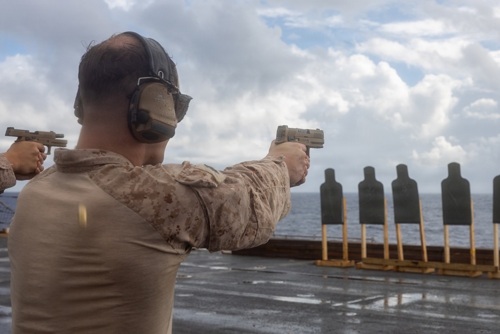 22nd MEU(SOC) | Marines Conduct Pistol Qualification Aboard USS San Antonio