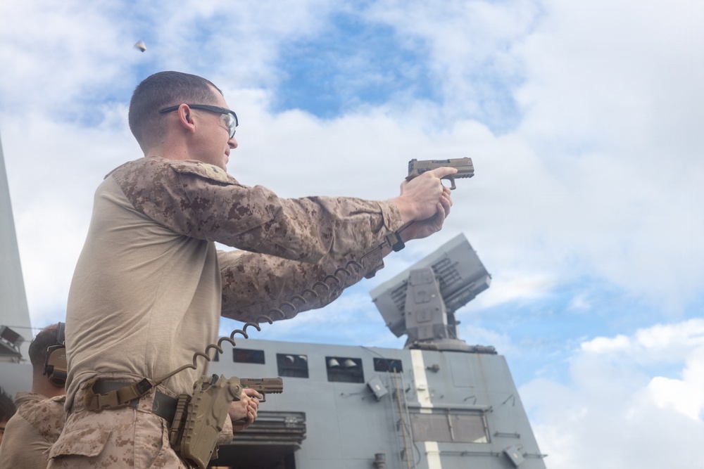 22nd MEU(SOC) | Marines Conduct Pistol Qualification Aboard USS San Antonio
