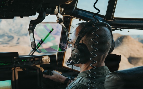 Gen. Spain leads from the cockpit during HC-130J flight at Nellis AFB