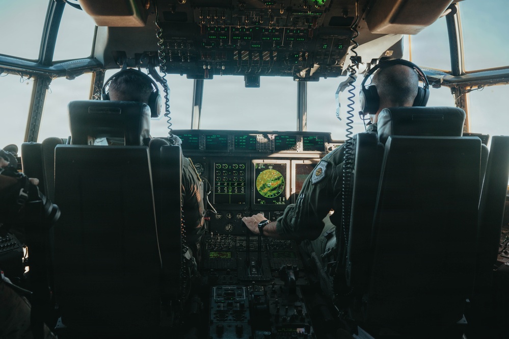 Gen. Spain leads from the cockpit during HC-130J flight at Nellis AFB