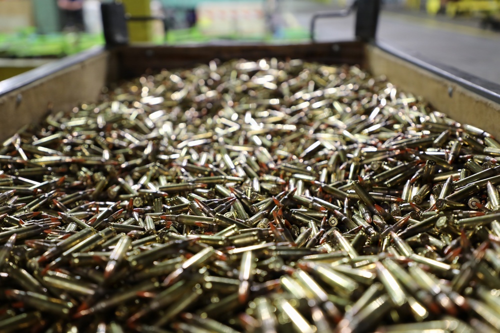 Bin of 7.62 mm ammunition at Lake City Army Ammunition Plant