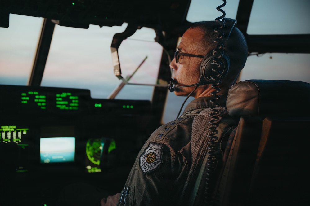 Gen. Spain leads from the cockpit during HC-130J flight at Nellis AFB
