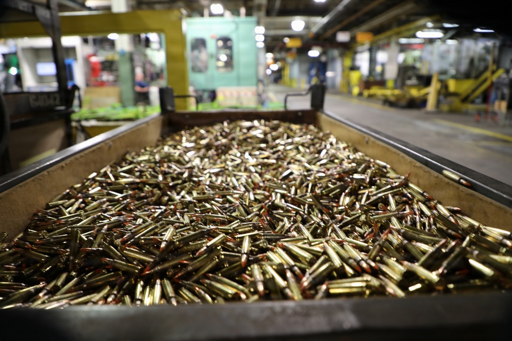 Bin of 7.62 mm ammunition at Lake City Army Ammunition Plant