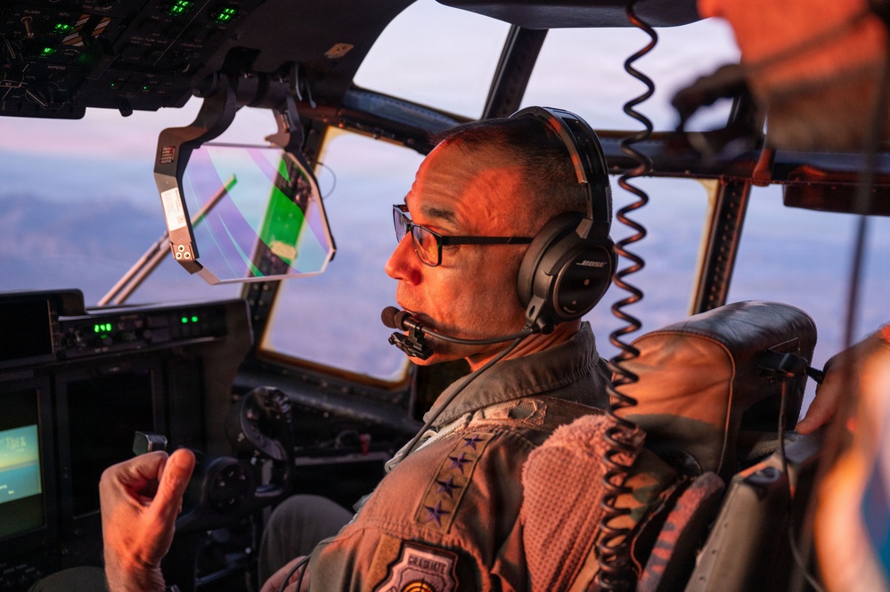 Gen. Spain leads from the cockpit during HC-130J flight at Nellis AFB