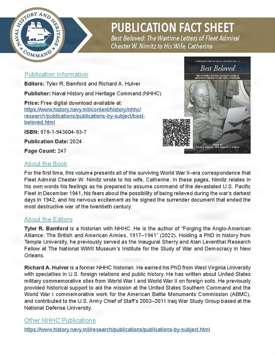 Publication Fact Sheet, BEST BELOVED: THE WARTIME LETTERS OF FLEET ADMIRAL CHESTER W. NIMITZ TO HIS WIFE, CATHERINE