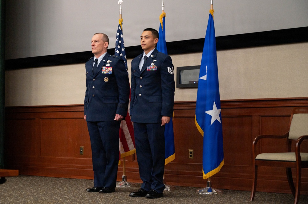 Boom operator assigned to the 91st Aircraft Maintenance Squadron, Tech. Sgt. Alex Diego, presented with Distinguished Flying Cross