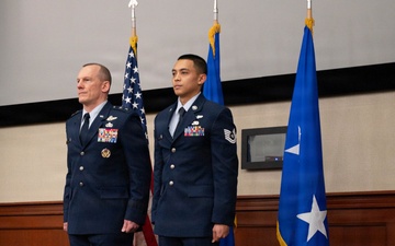 Boom operator assigned to the 91st Aircraft Maintenance Squadron, Tech. Sgt. Alex Diego, presented with Distinguished Flying Cross