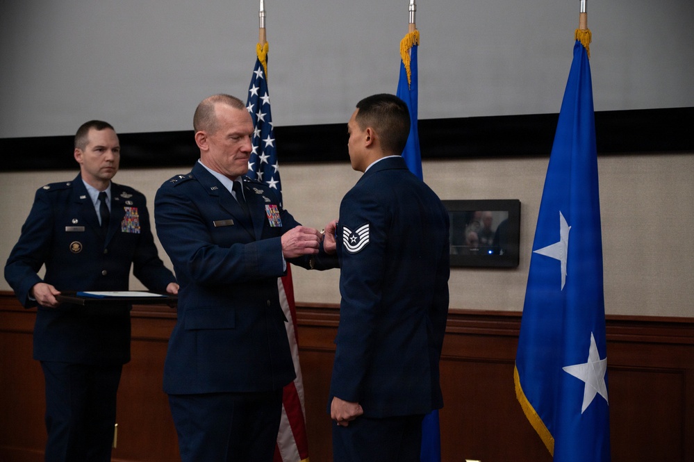 Boom operator assigned to the 91st Aircraft Maintenance Squadron, Tech. Sgt. Alex Diego, presented with Distinguished Flying Cross