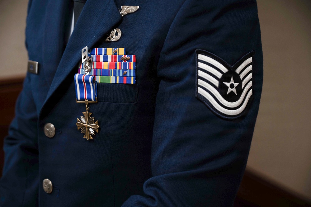 Boom operator assigned to the 91st Aircraft Maintenance Squadron, Tech. Sgt. Alex Diego, presented with Distinguished Flying Cross