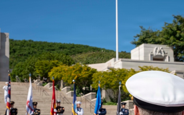 Adm. Steve Koehler, commander, U.S. Pacific Fleet, attends a wreath laying with Japan's Minister of Defense at the National Memorial of the Pacific