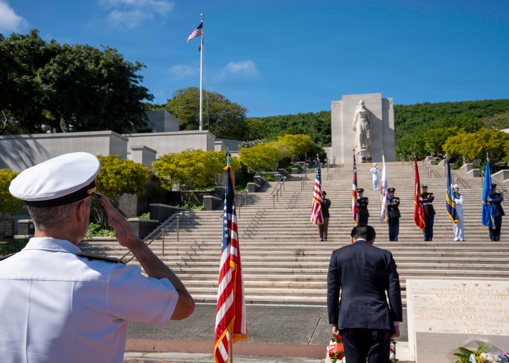 Adm. Steve Koehler, commander, U.S. Pacific Fleet, attends a wreath laying with Japan's Minister of Defense at the National Memorial of the Pacific